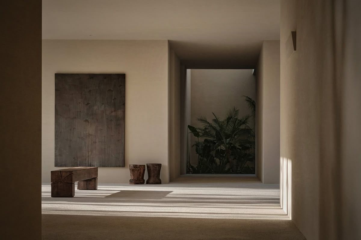 A modern interior hallway with white walls features recessed display niches showcasing artwork and decorative pieces.