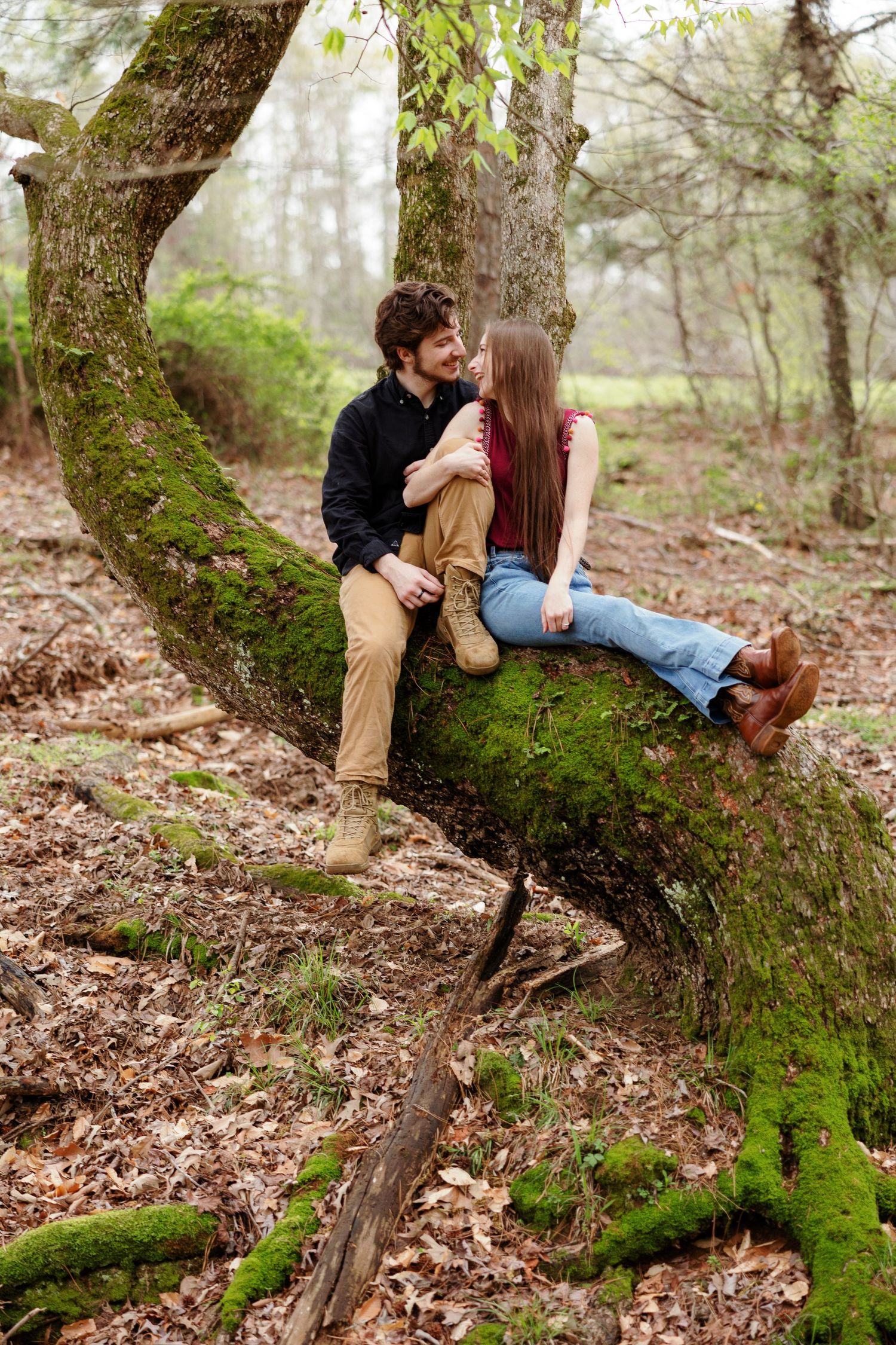 Portrait of a young couple sitting laughing on a mossy tree by Memphis wedding photographer Emily Joy Photography