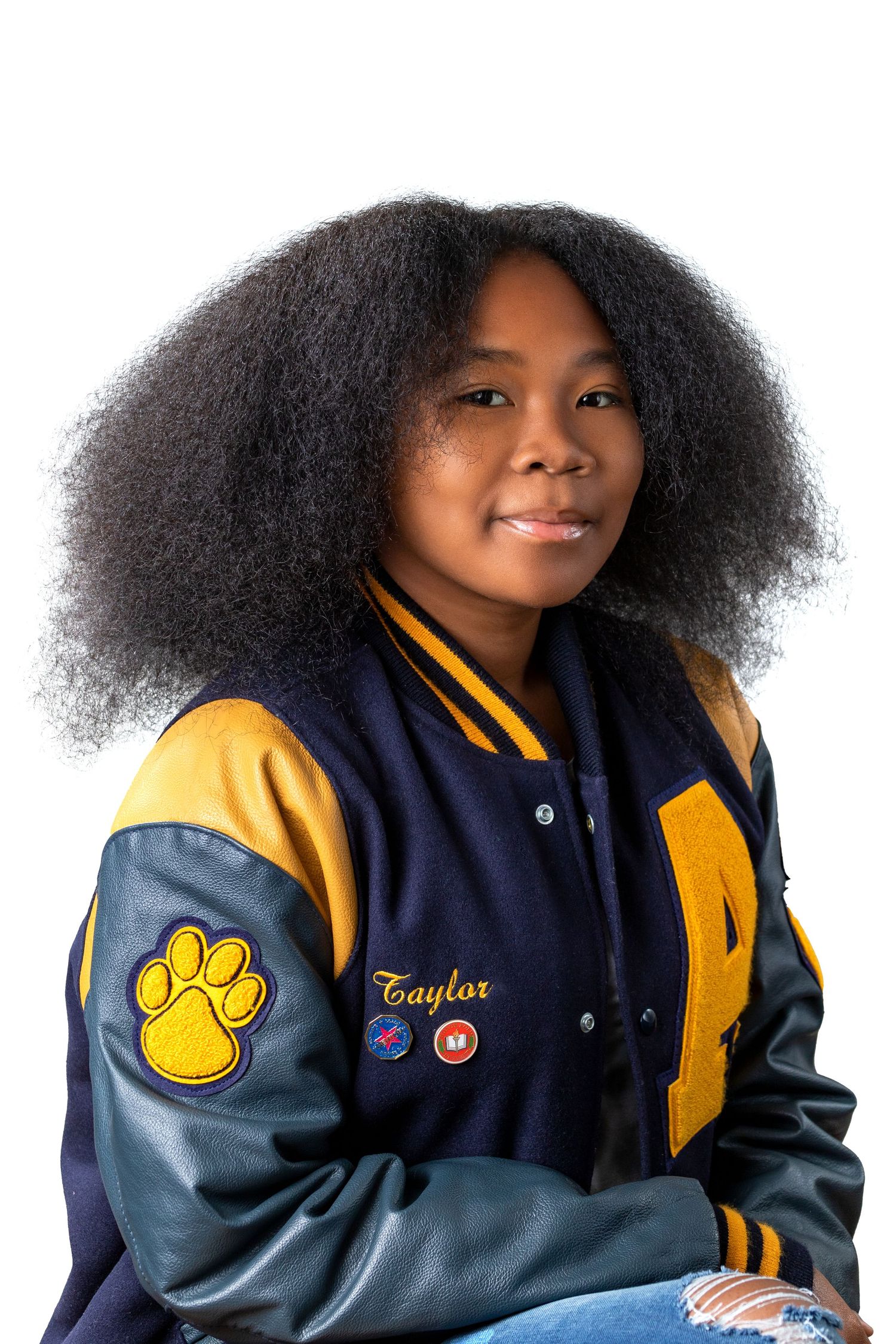 Series of poses in a varsity jacket with yellow and navy details against white background.