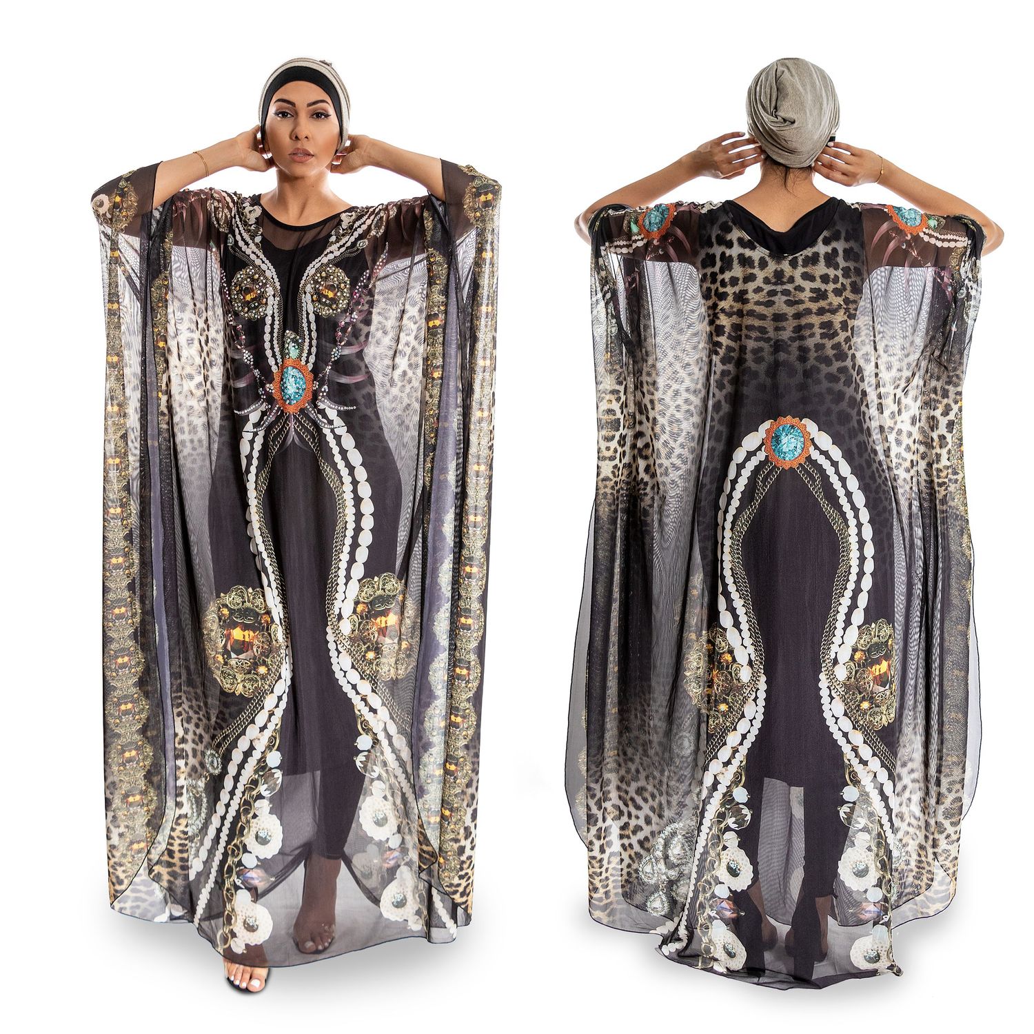 Flowing black and silver kaftan dress with butterfly sleeves shown in various poses.