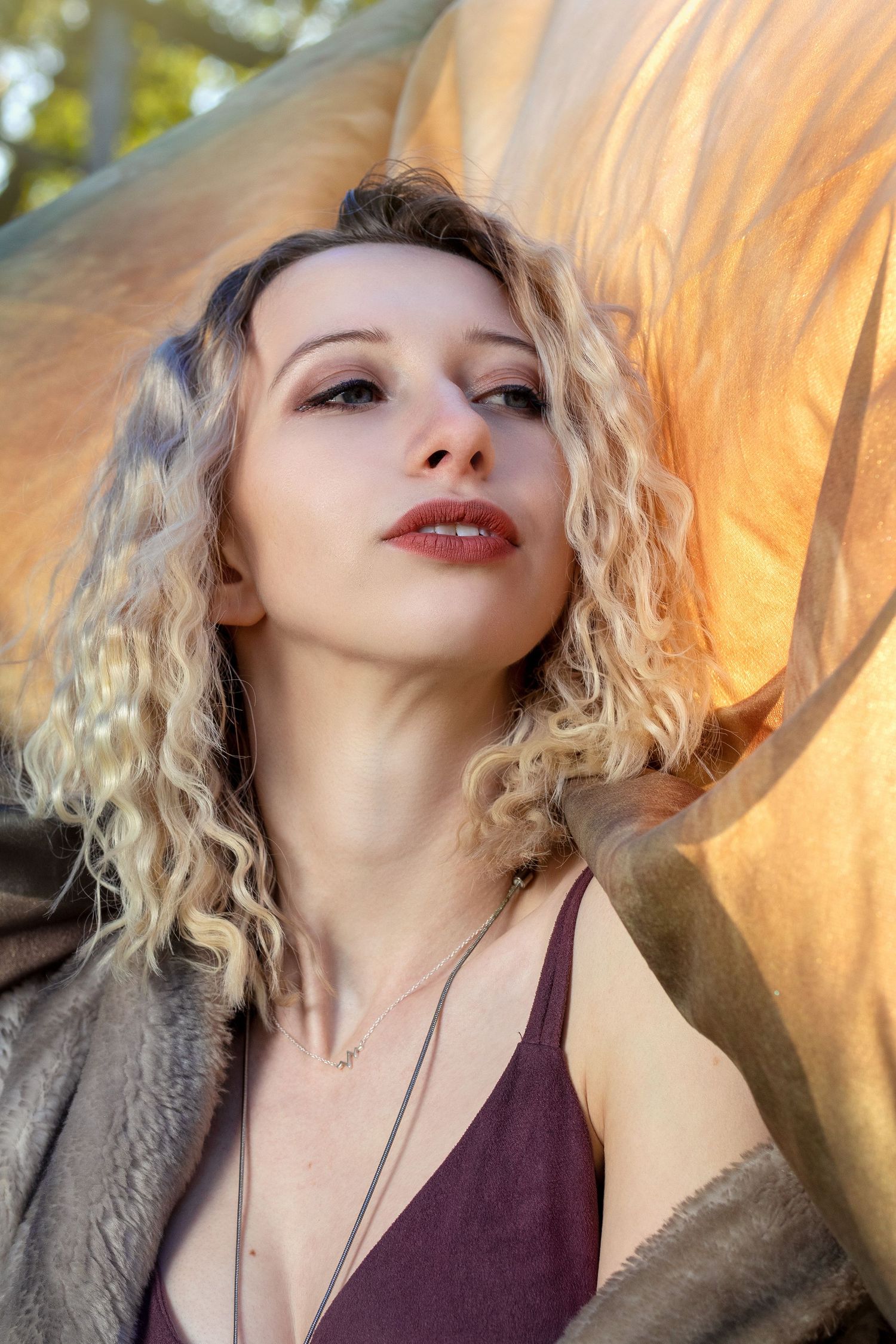 Dramatic portrait series with blonde curls and purple top against warm golden lighting.