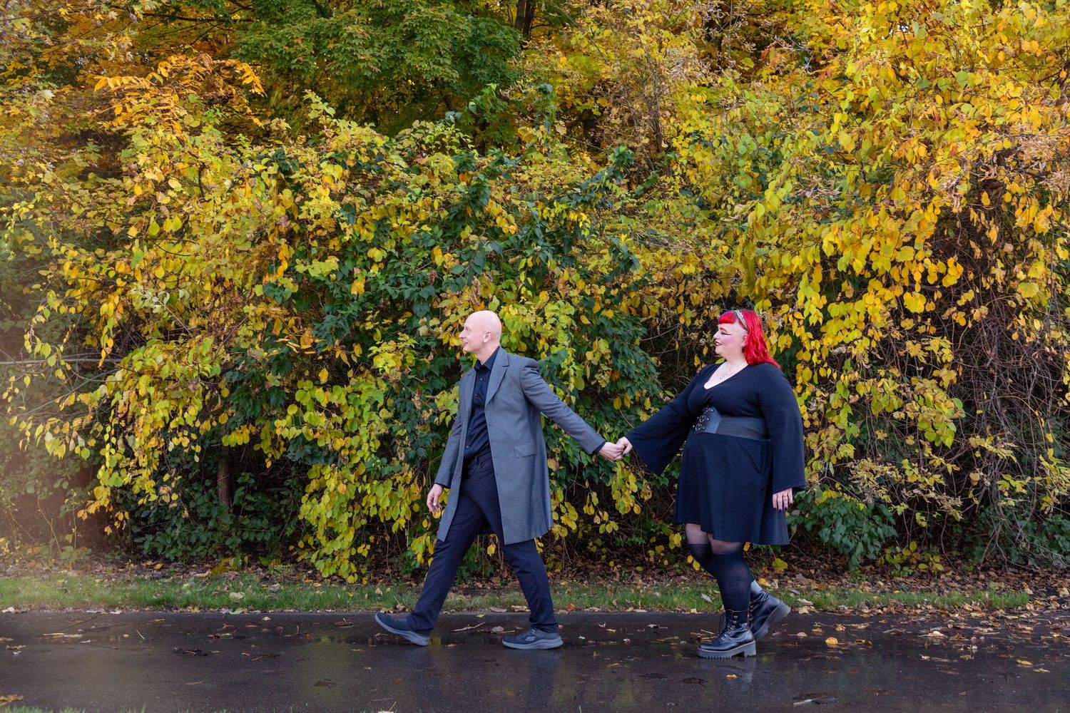 Autumn trees with vibrant yellow foliage line a scenic outdoor path.