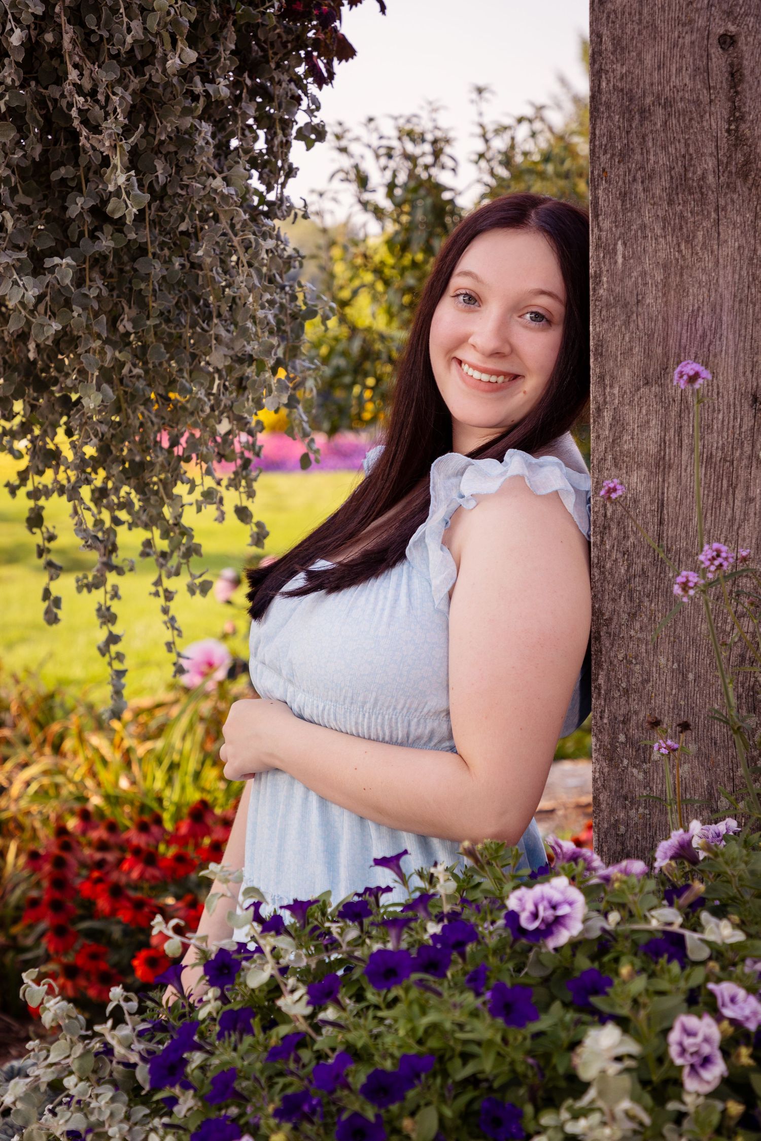 Floral garden setting with purple and white flowers blooming around a wooden post in natural sunlight.