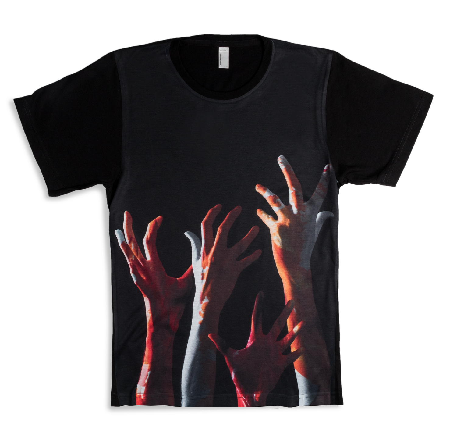 Black t-shirt design featuring raised hands in red and white artistic print.