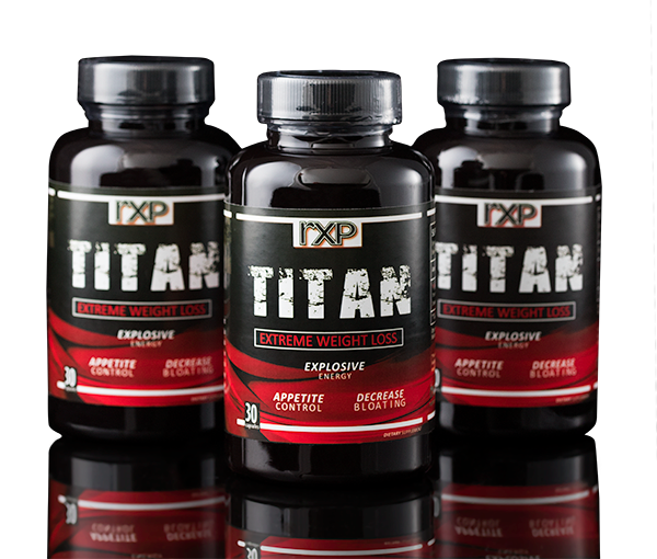 Row of black supplement bottles with red labels displayed on reflective surface.