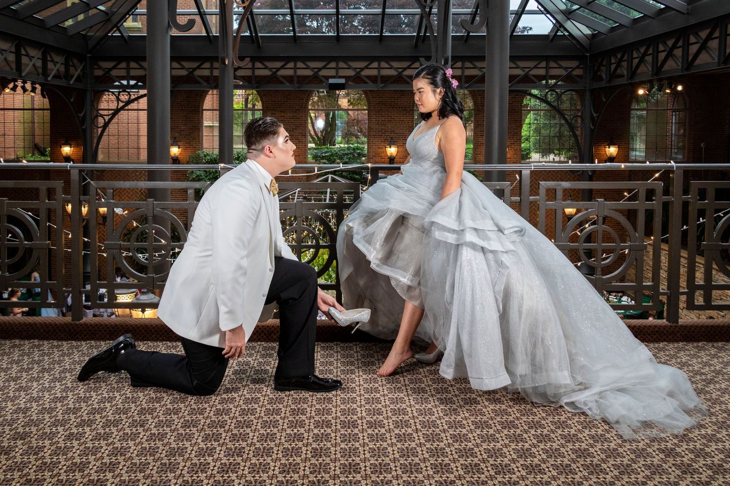 Series of prom photos showing friends on a balcony with elegant decor.