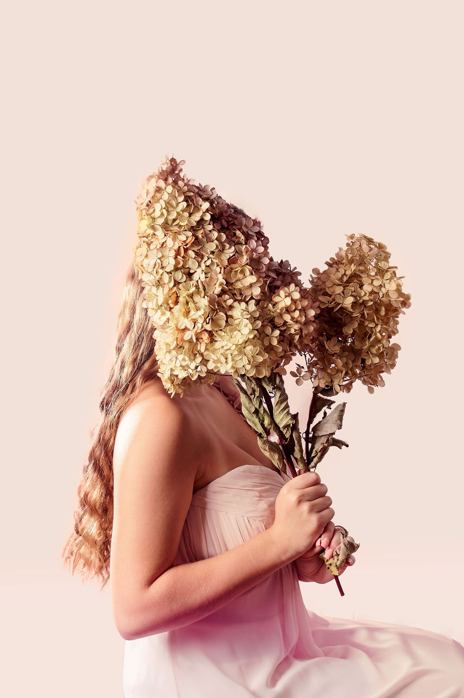 Artistic portrait with dried hydrangeas and pink flowing fabric in soft lighting.