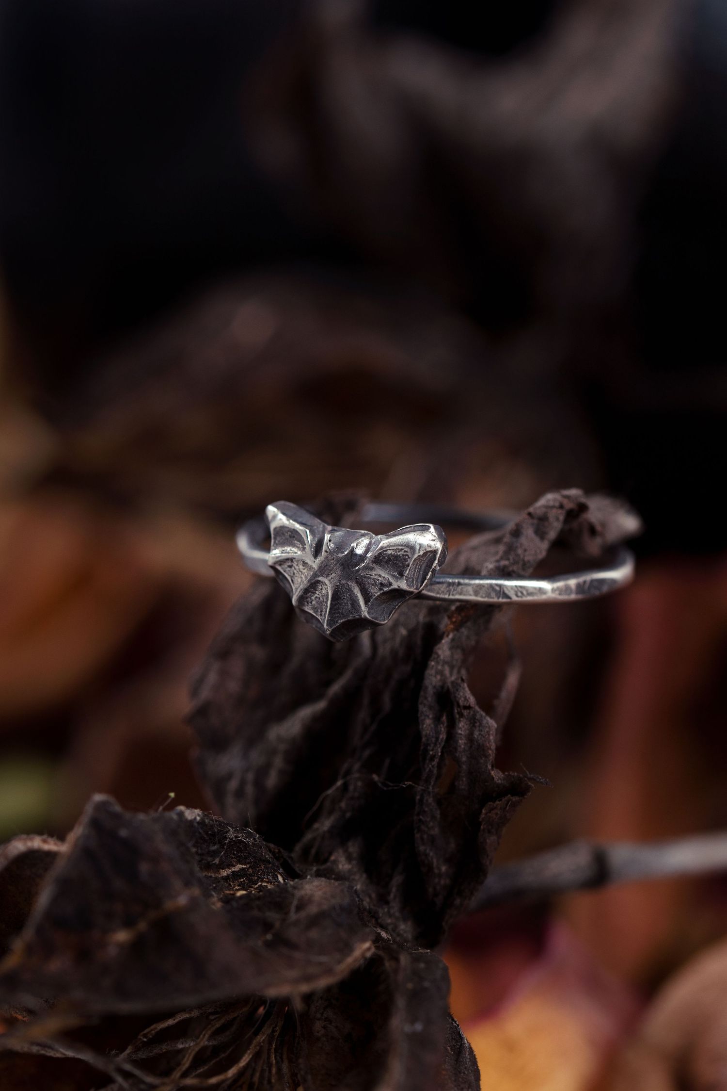 Detailed macro shot of silver butterfly jewelry on dark textured background.