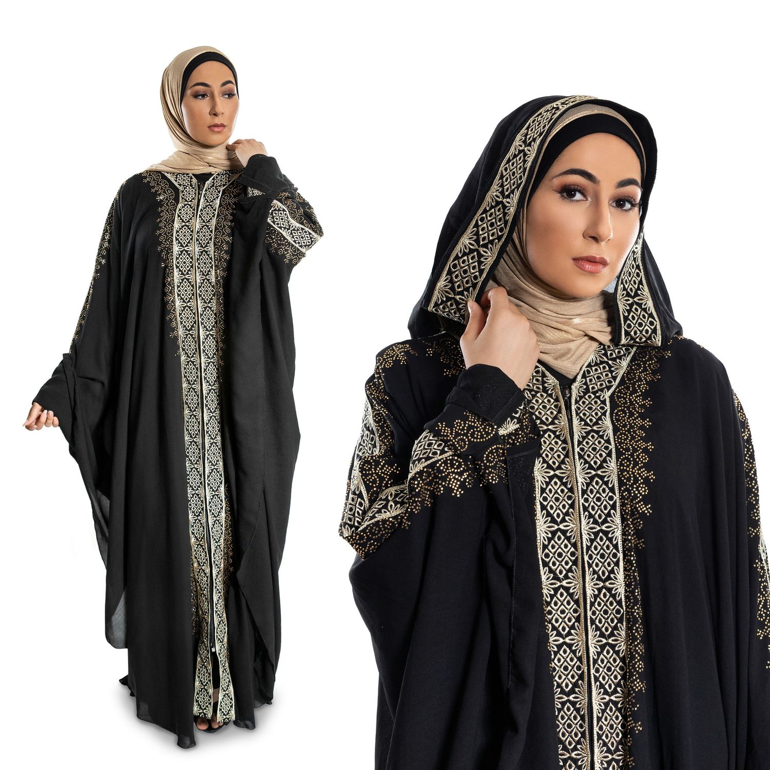 Collection of black abayas with ornate embellishments shown in multiple angles.