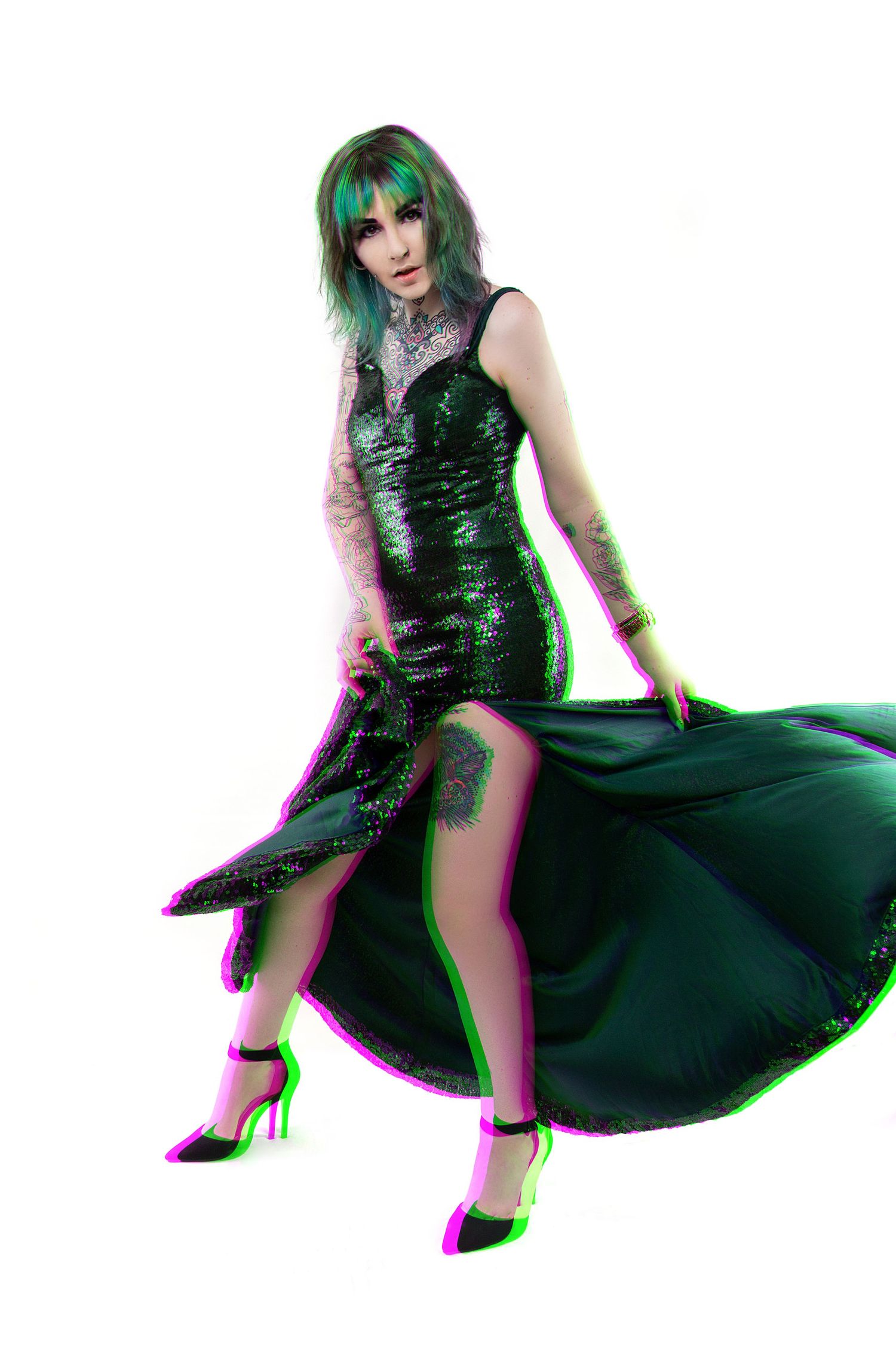 Dynamic fashion shots in sparkly green dress with chromatic aberration effect.