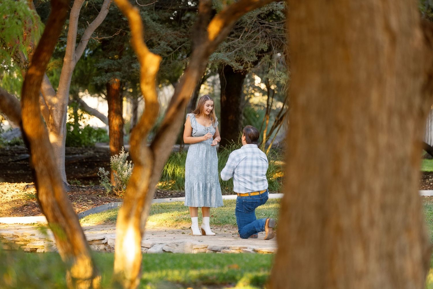 groom man to be on knee in gardens at The gage hotel marathon Texas