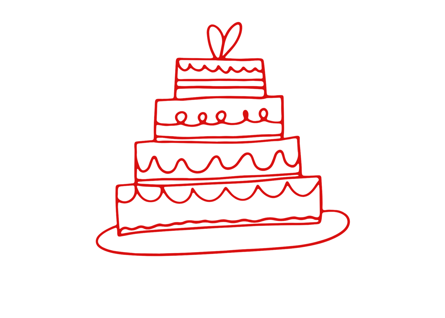 Simple red line drawings of birthday cakes with tiers and decorative details arranged in a horizontal row.