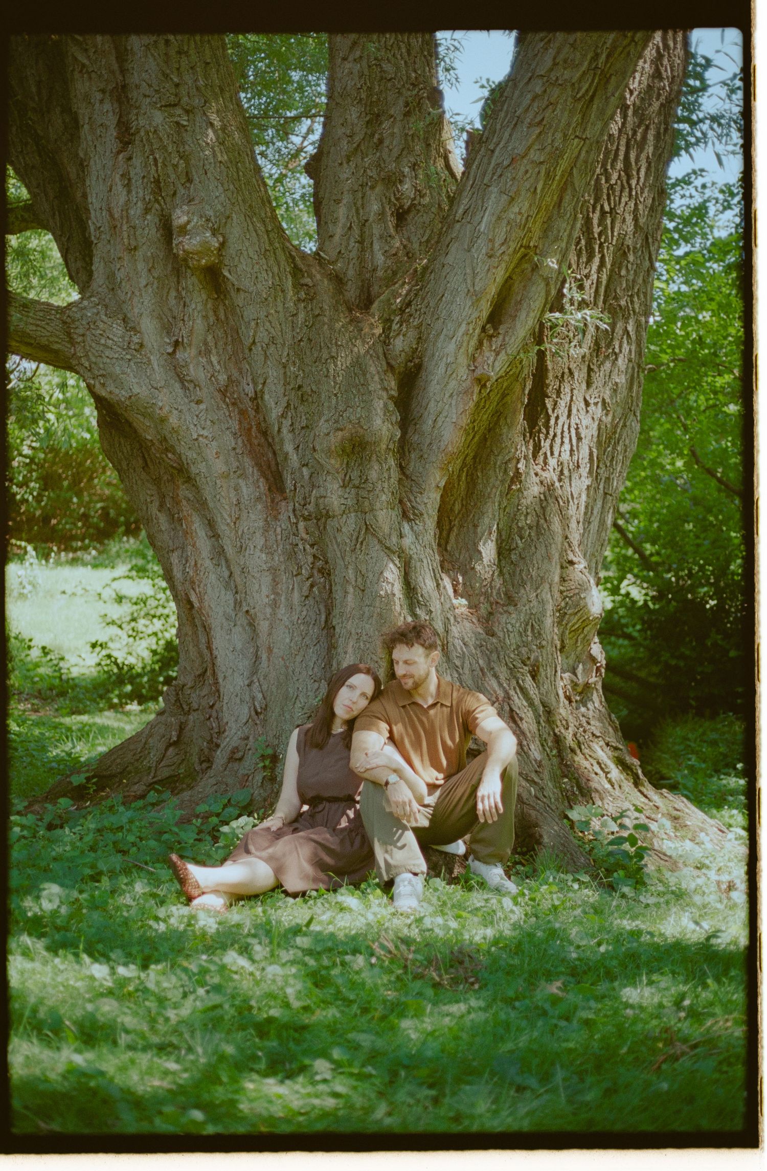 A couple sits together leaning against a large ancient tree trunk in a lush green park on a sunny day.