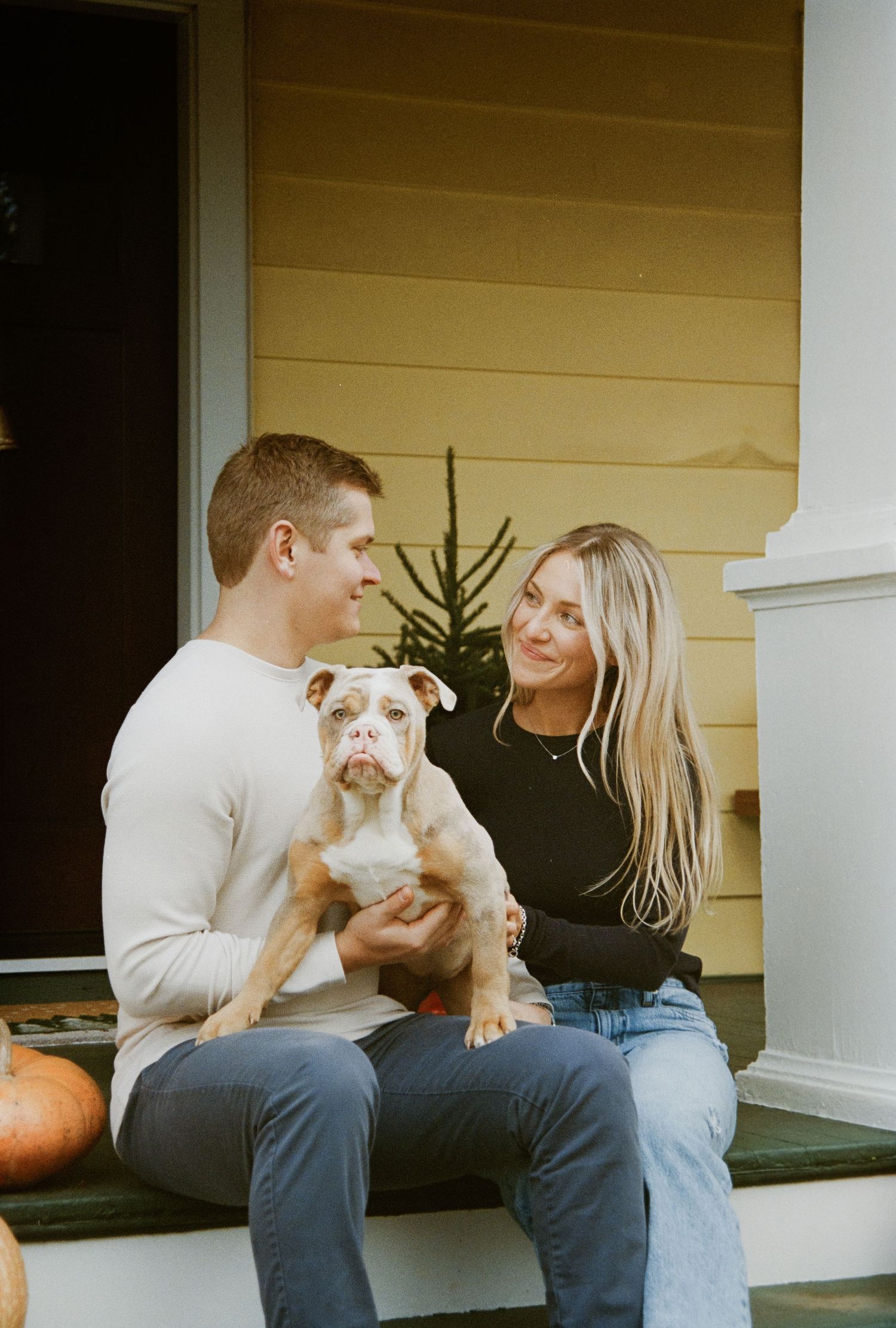 A couple sits on their porch steps with their bulldog puppy during an autumn day. Rochester NY home engagement photography