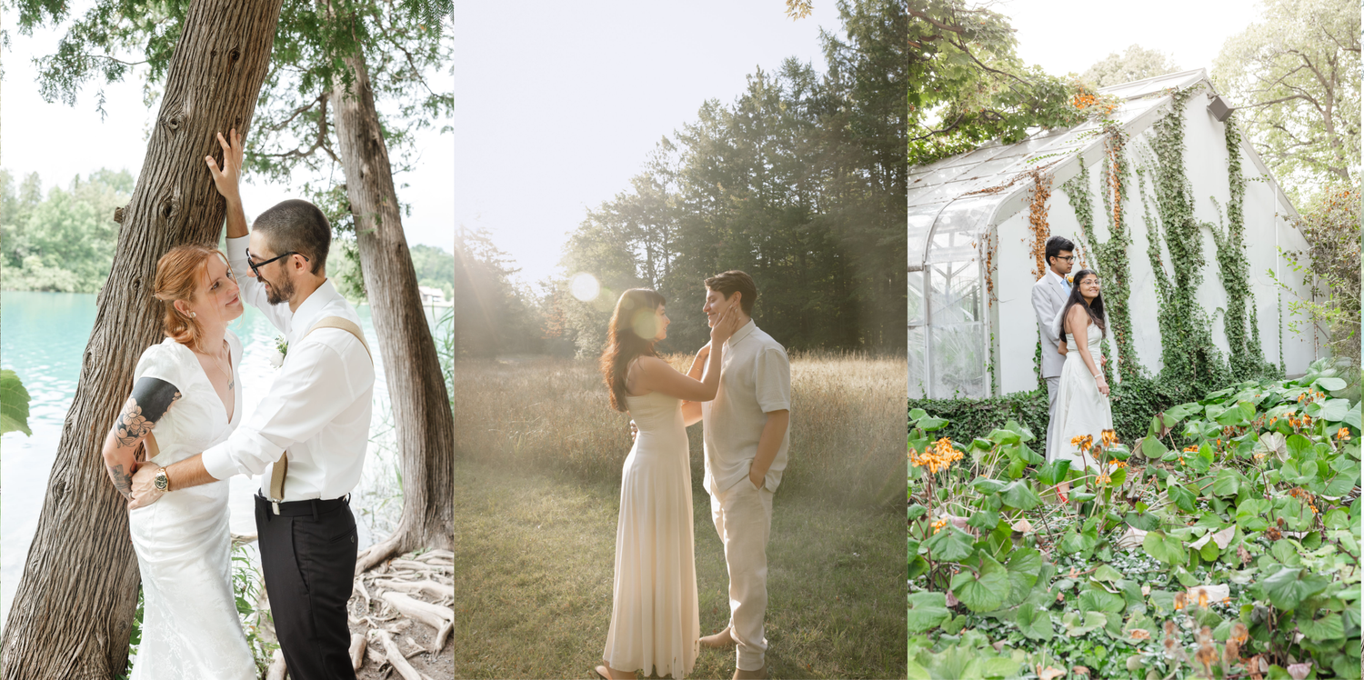 A romantic outdoor wedding photoshoot in a sun-dappled forest with soft natural lighting filtering through the trees.