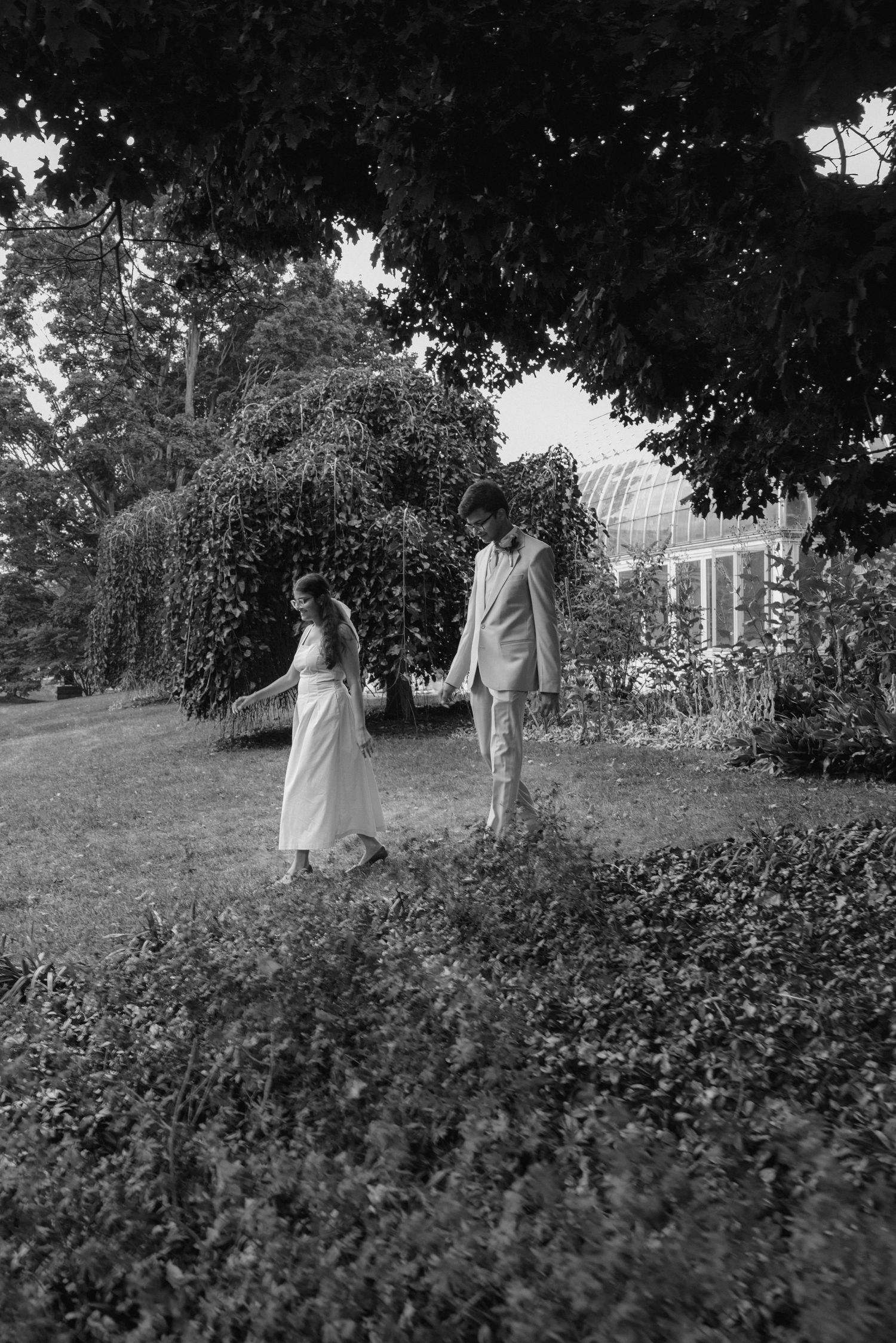 Black and white wedding photos taken in a garden setting with natural foliage.  Rochester conservatory wedding photographer