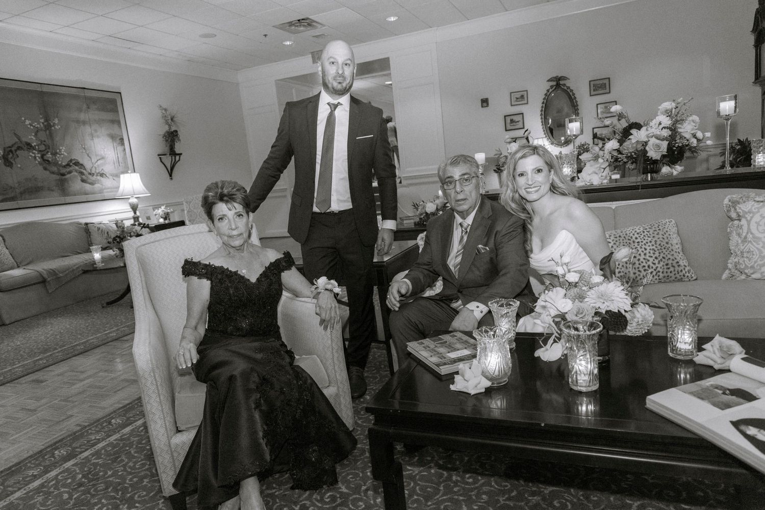 Black and white candid shots of guests at a wedding reception. Rochester NY documentary wedding photography