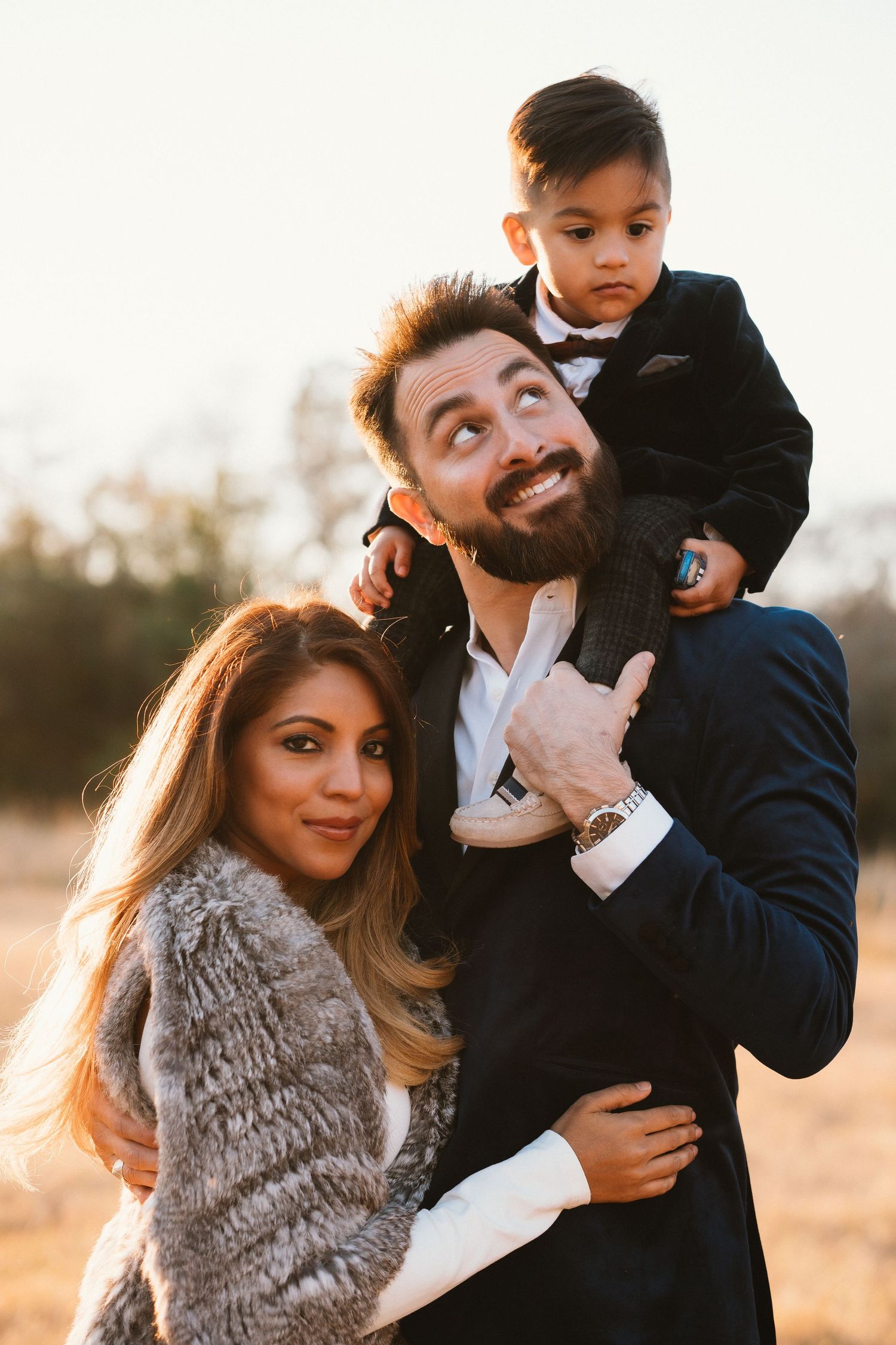 Family wedding portrait golden hour Austin Texas - couple with child wedding photography