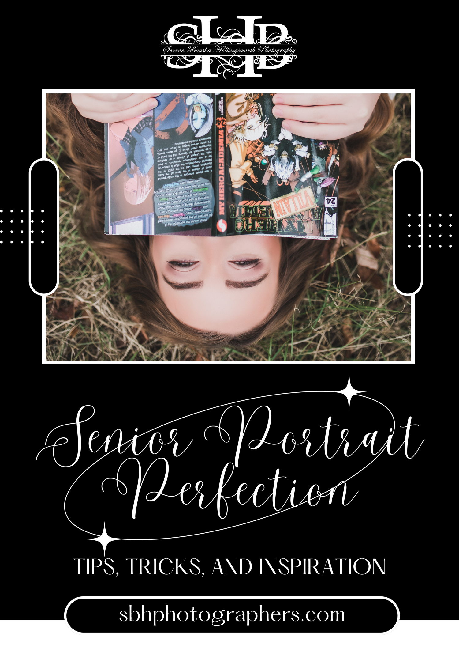 Stylish senior portrait guide cover with elegant script typography and creative photography.