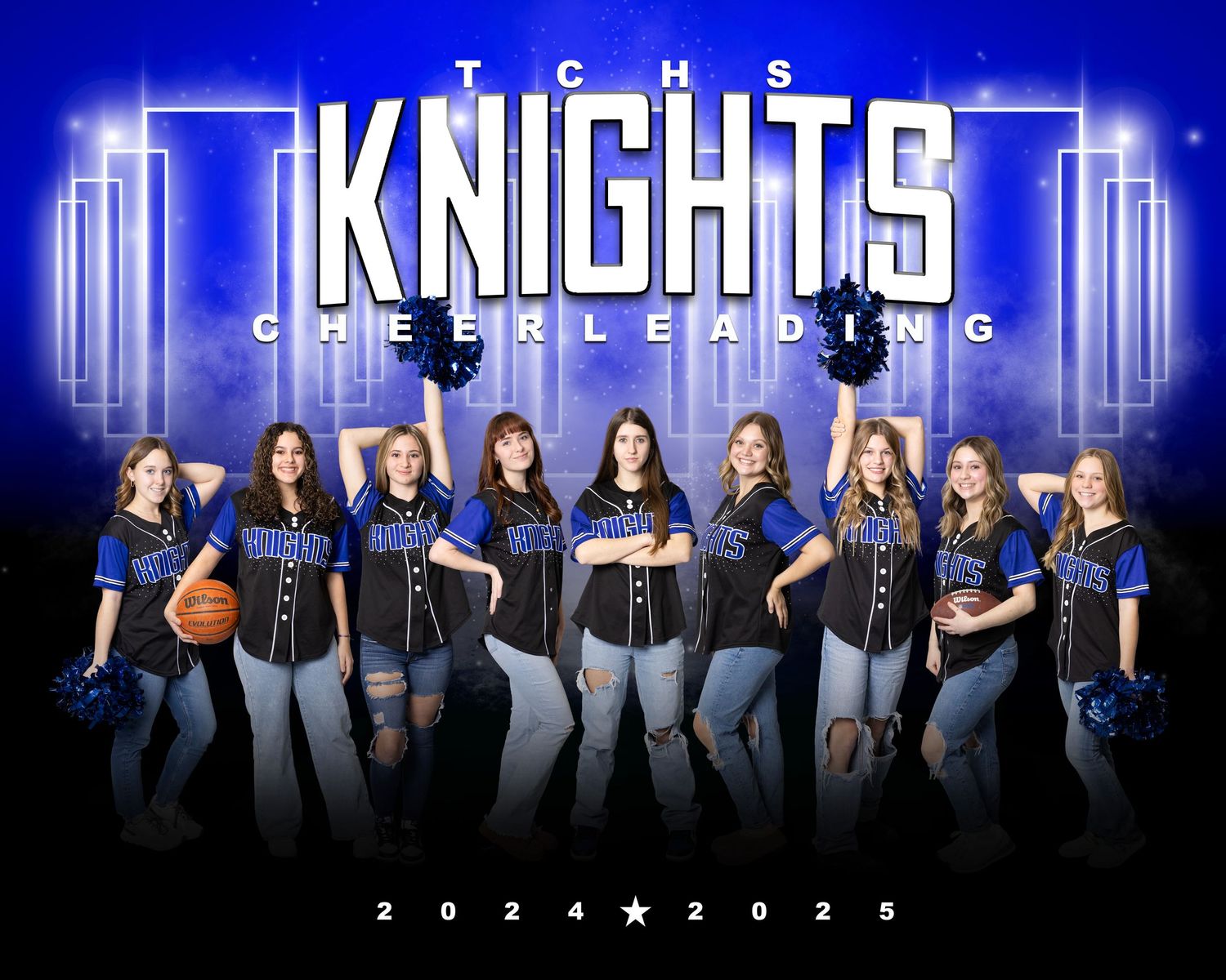 Knights girls basketball team poses in blue jerseys against dramatic blue backdrop.