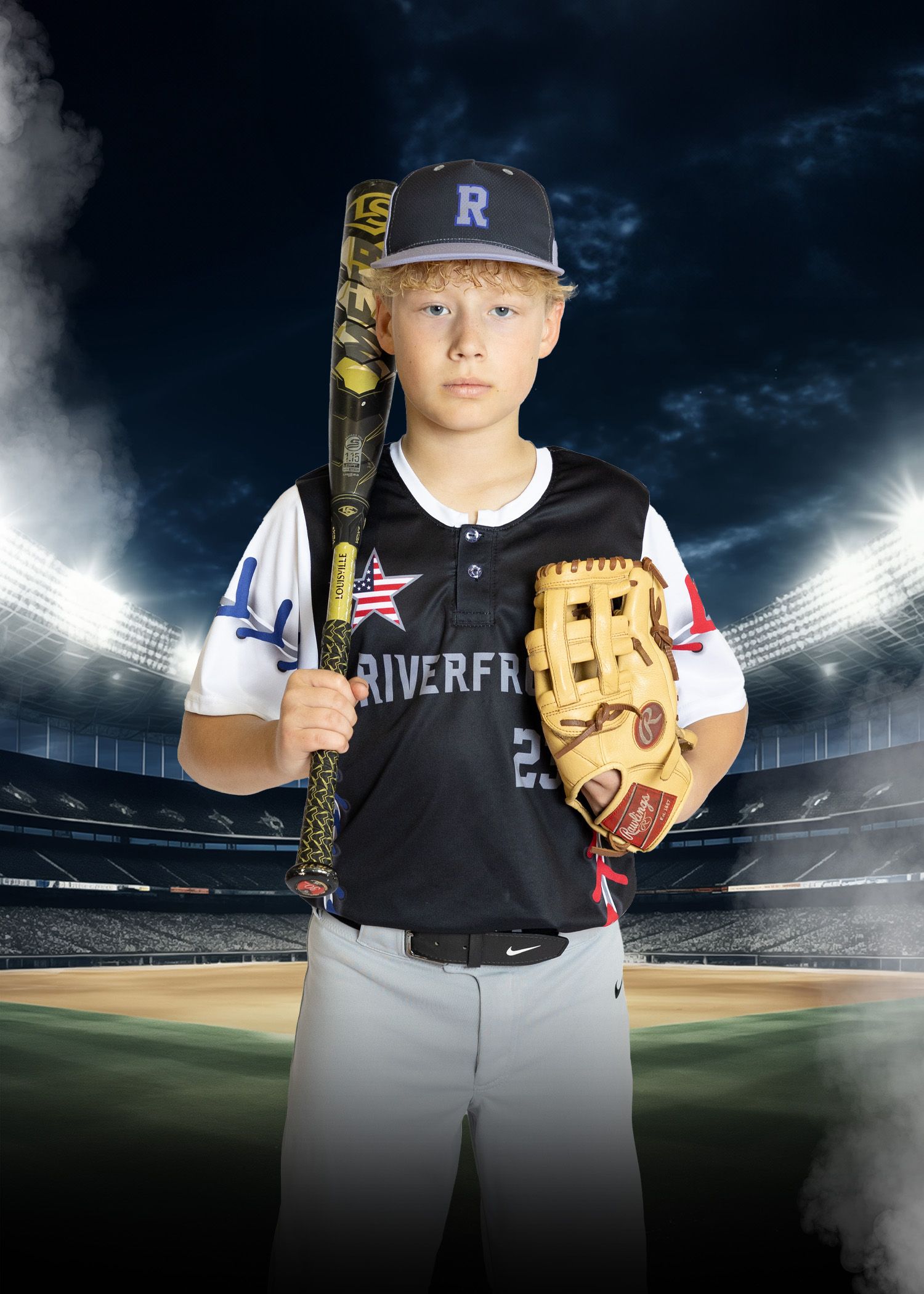 A baseball player in black uniform holds bat and glove against dramatic stadium backdrop.