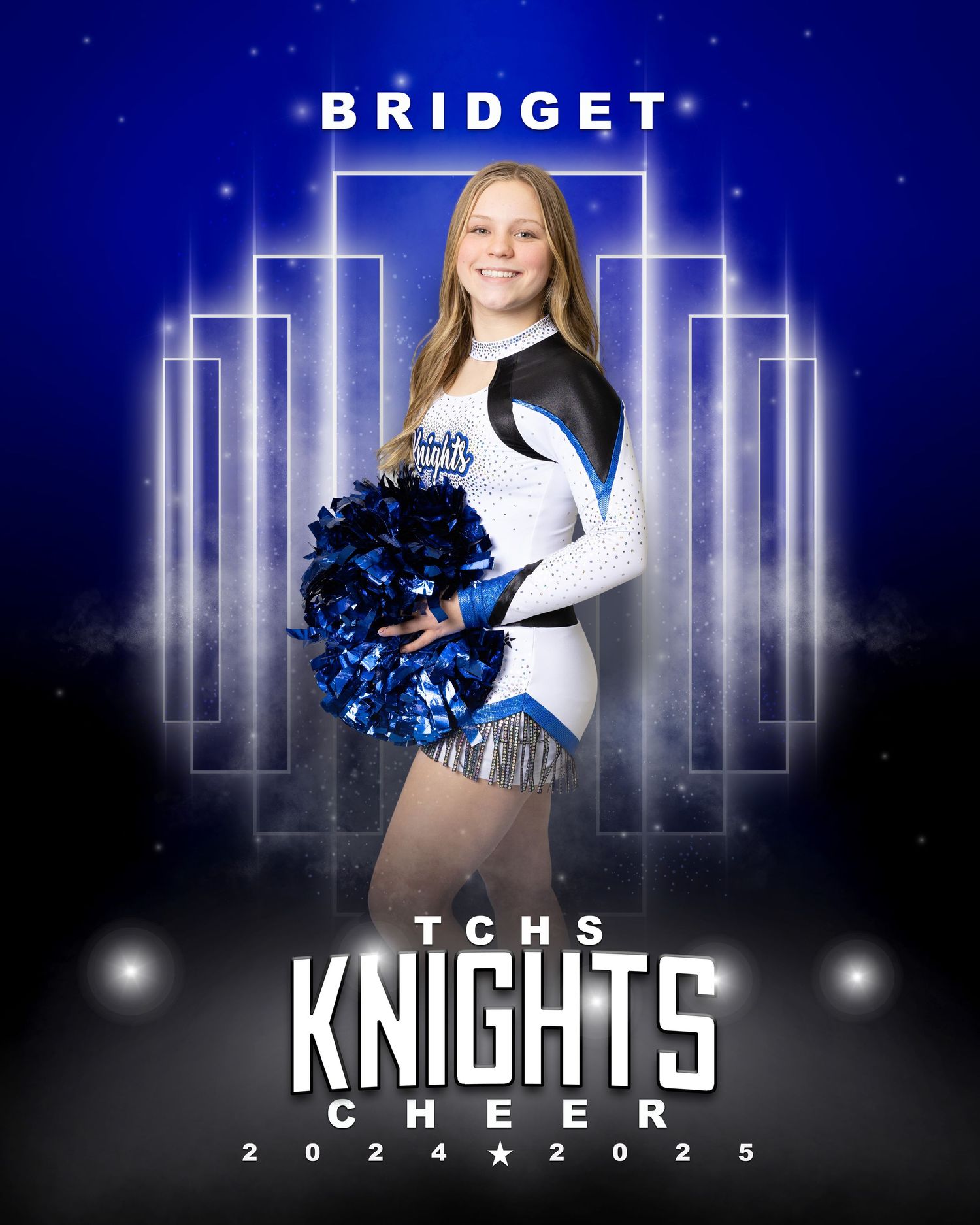 A cheerleader poses with blue pom poms against a dramatic blue background with geometric designs.