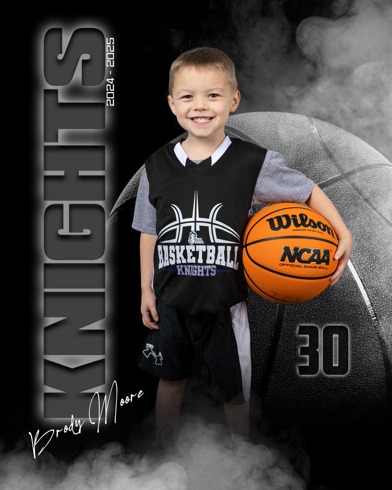 Youth basketball player in black jersey poses with Wilson NCAA basketball against smoky background.