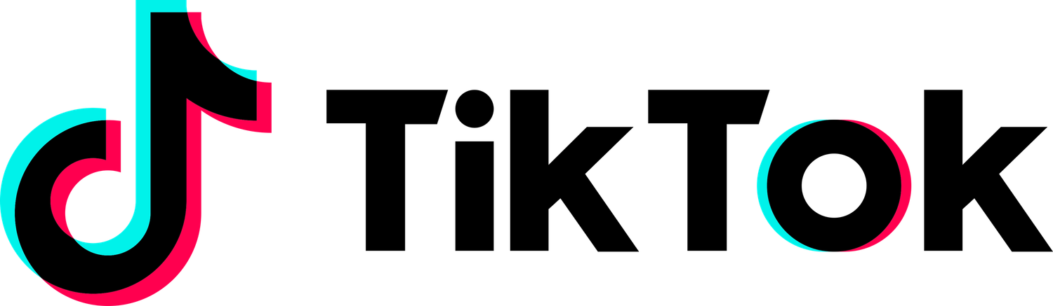 TikTok logo featuring the musical note icon in black, pink, and cyan colors beside bold black TikTok wordmark.