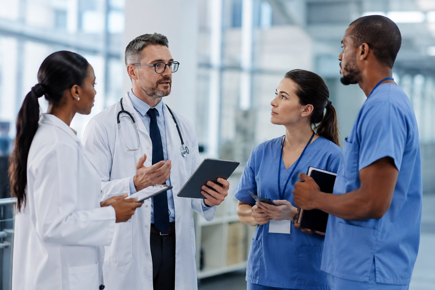 Diverse medical team of doctors and nurses in scrubs discussing patient care while holding tablets in hospital.