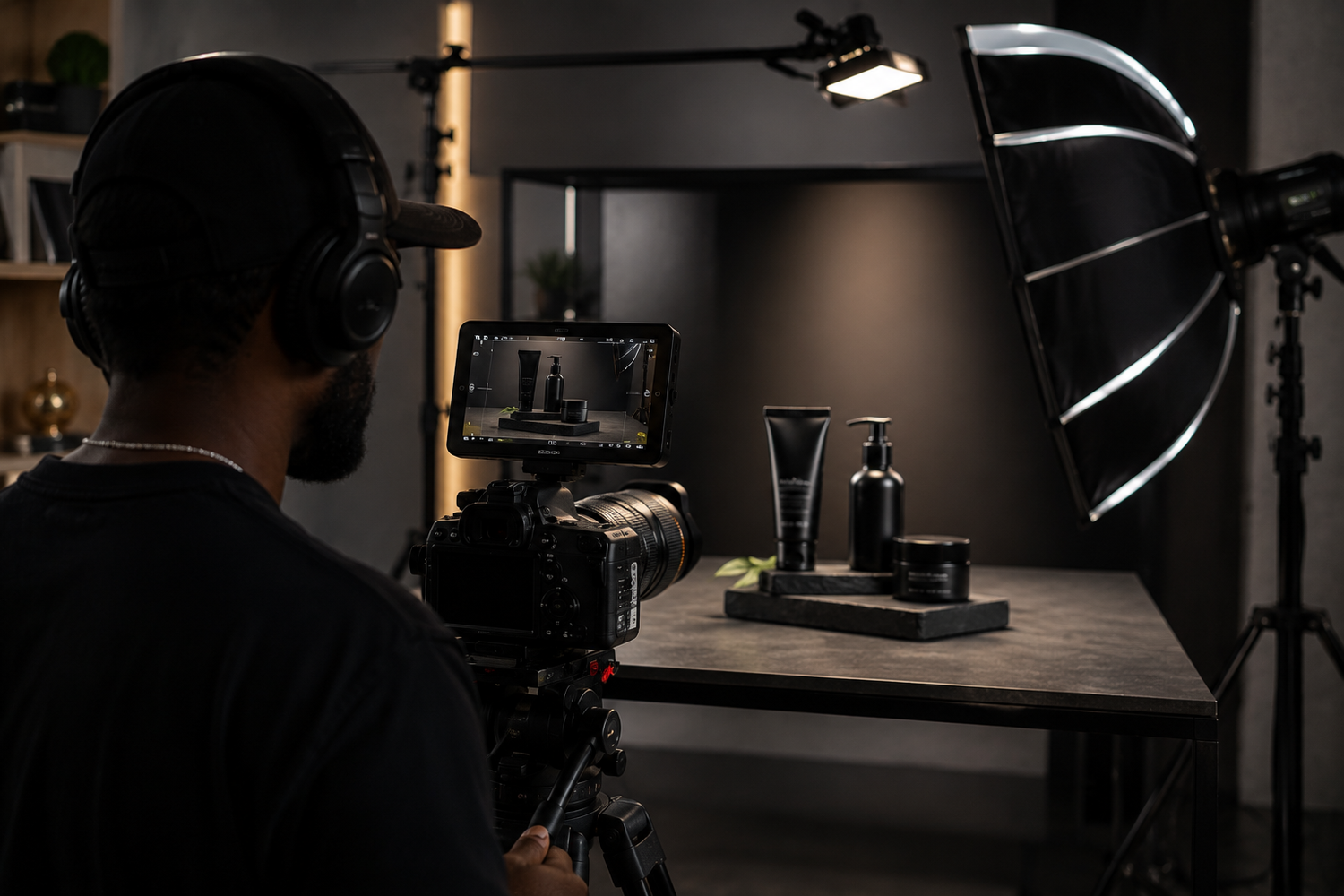 Videographer filming luxury skincare products on a wooden table with professional studio lighting and softbox setup.
