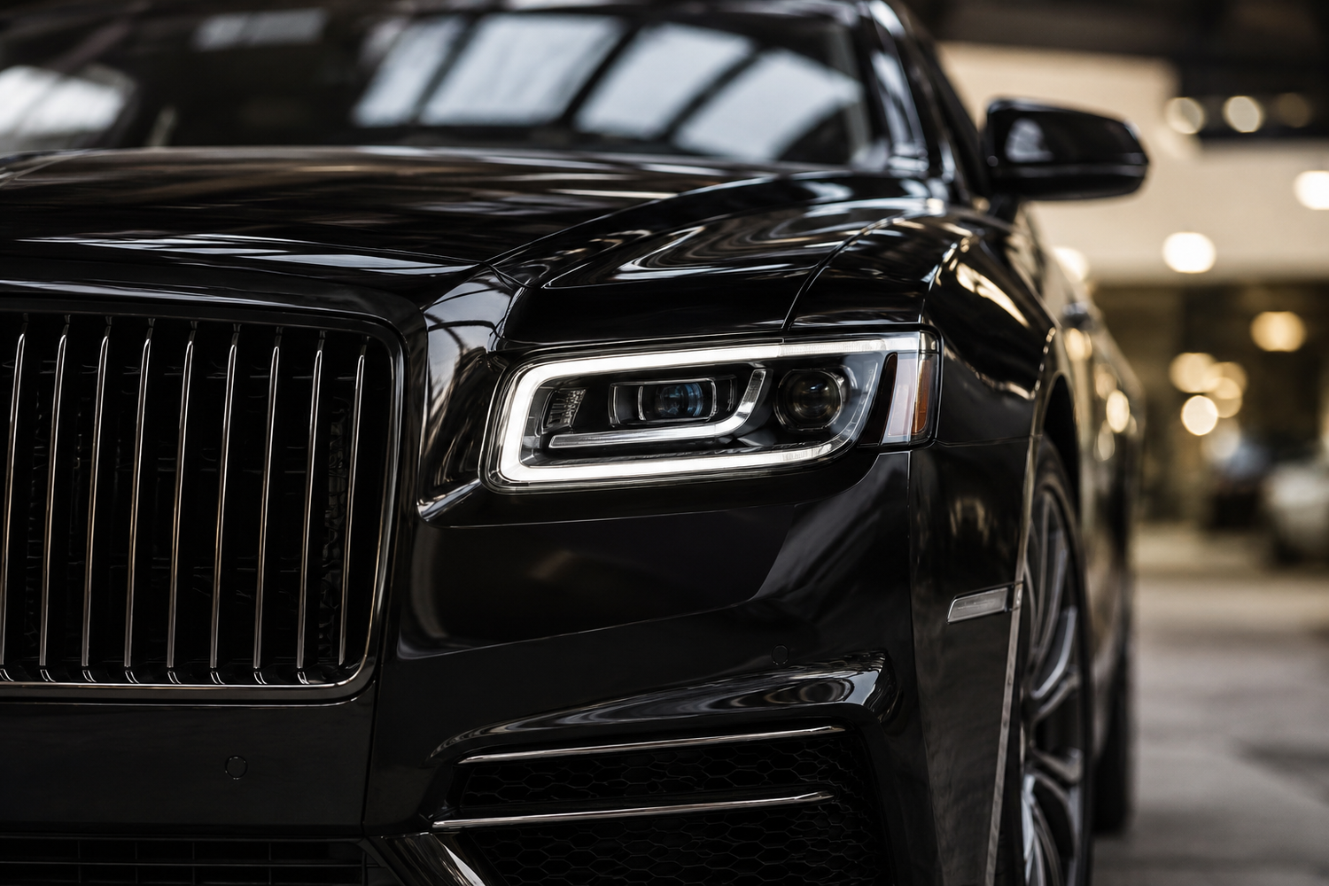 Close-up of a sleek black Rolls-Royce luxury car showcasing its iconic grille and LED headlight design.