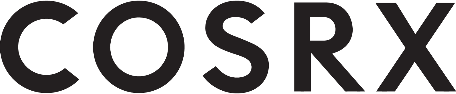 Black and white text logo design spelling COSRX in a bold, modern typeface against white background.