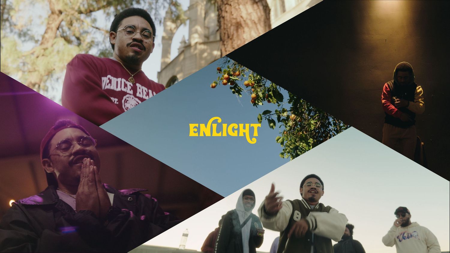 Collage of rap music video scenes with Enlight logo, featuring artists in outdoor urban settings.