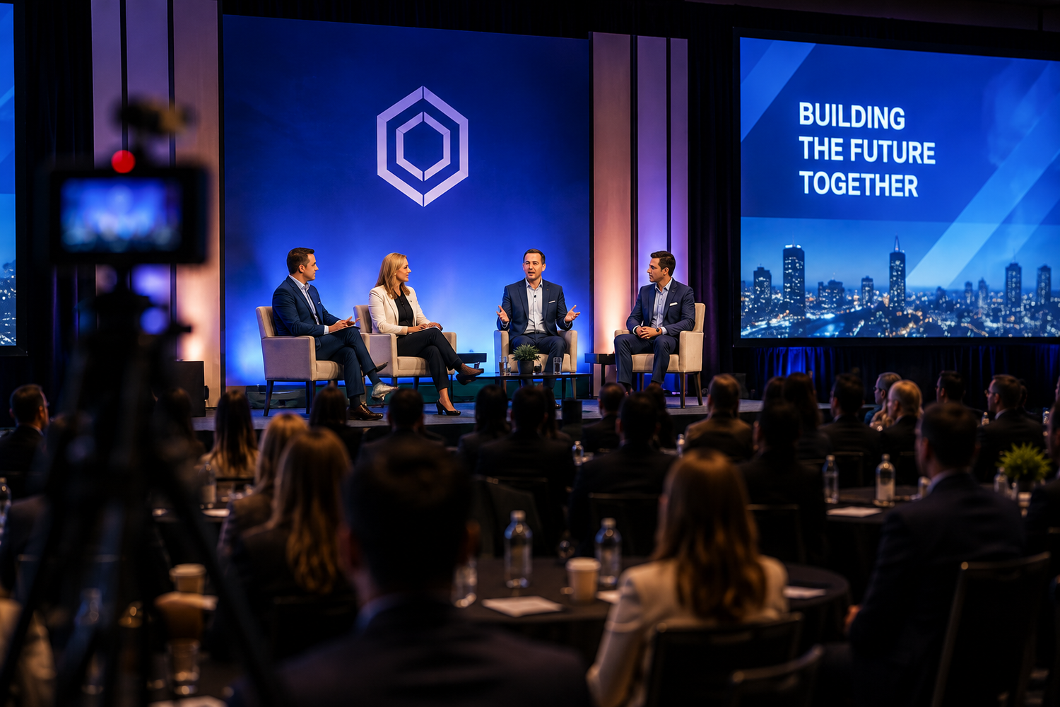 Four panelists on stage at a corporate conference with a blue backdrop reading Building the Future Together.