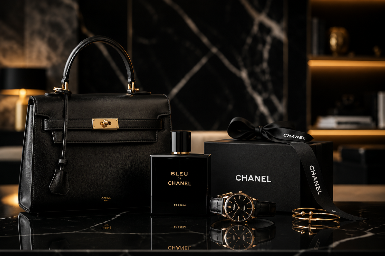 Luxury black Hermès Kelly bag with Chanel perfume, watch, bracelet, and cosmetic pouch on marble surface.