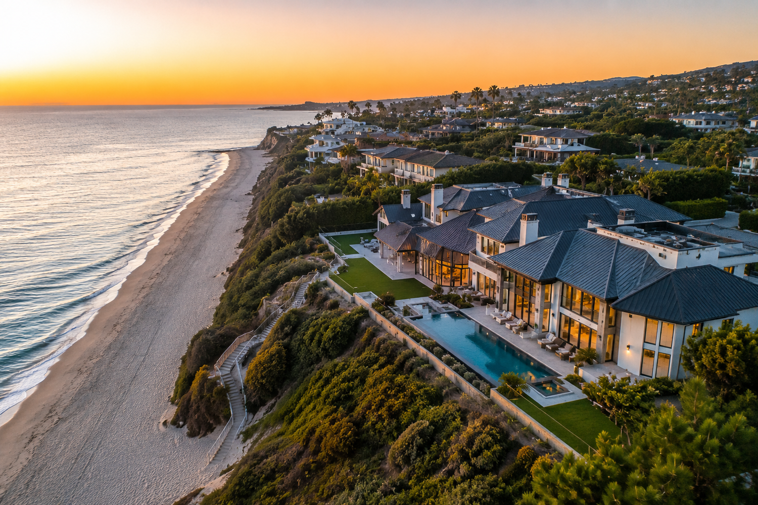 Aerial sunset view of a luxury beachfront mansion with pool overlooking the Pacific Ocean coastline.