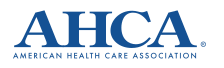The American Health Care Association (AHCA) logo featuring blue text and a stylized blue caduceus symbol.