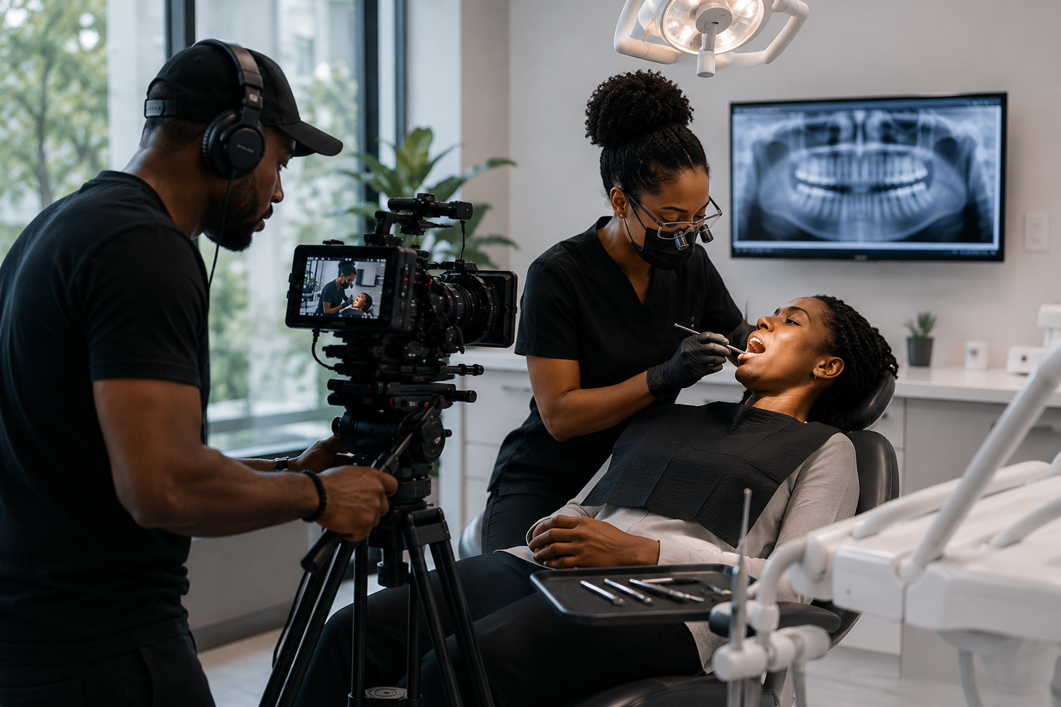Dentist examining patient in dental chair while videographer films the procedure in a modern dental office.