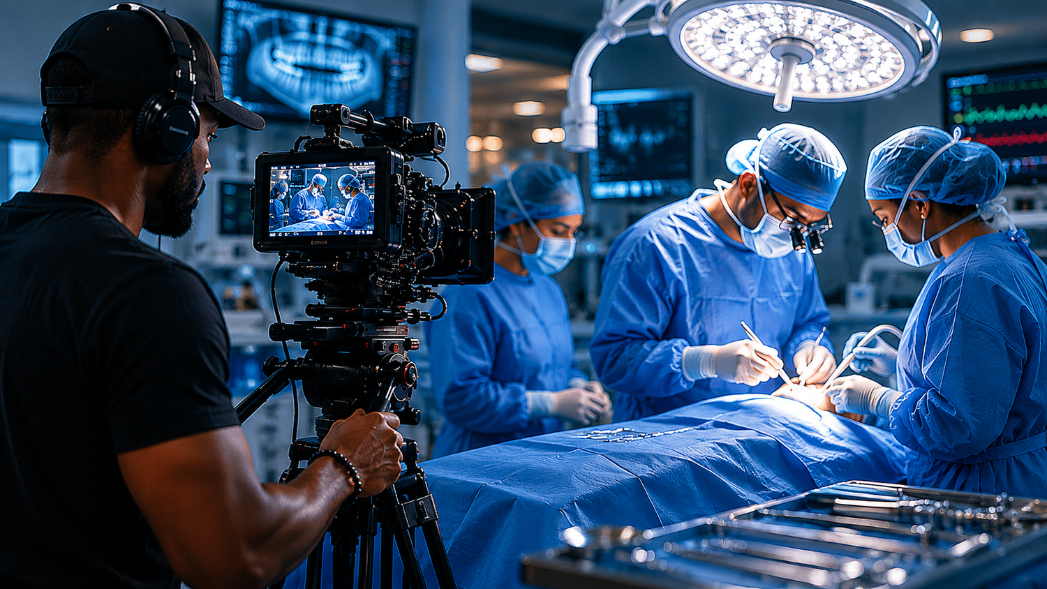 Videographer filming surgeons performing an operation in a modern operating room with bright surgical lights.