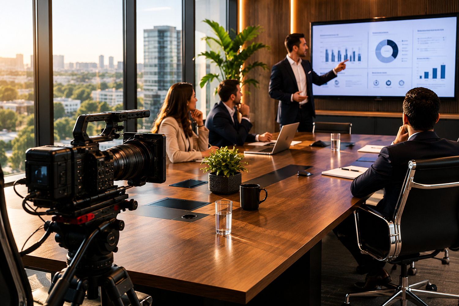 Business team in modern boardroom watching presenter at screen with charts, filmed by professional camera.