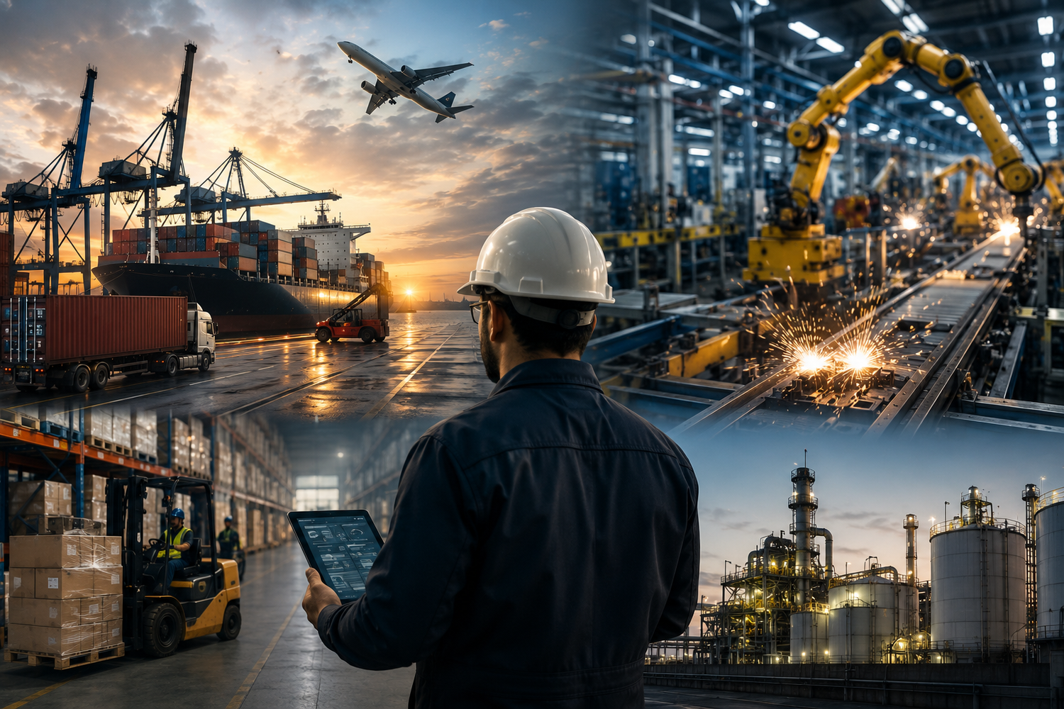 Engineer in hard hat holds tablet overseeing logistics, robotics manufacturing, warehouse, and industrial plant operations.