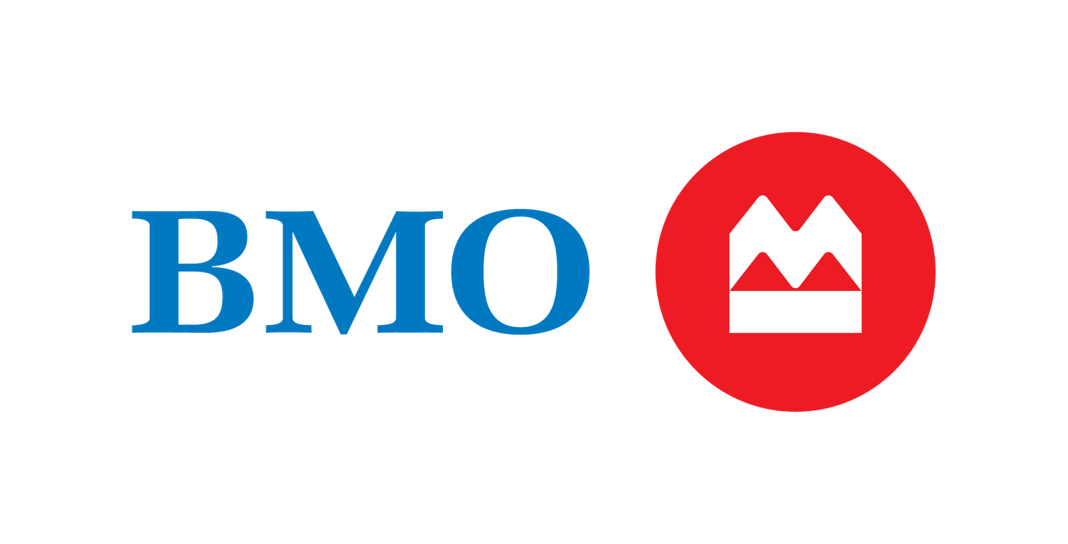 BMO bank logo featuring blue letters BMO next to a red circular emblem with white M symbol.