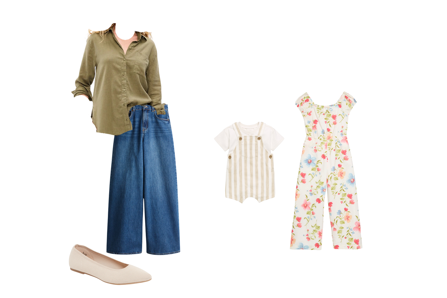 Summer capsule wardrobe with denim, floral dresses, and neutral basics displayed in a grid.