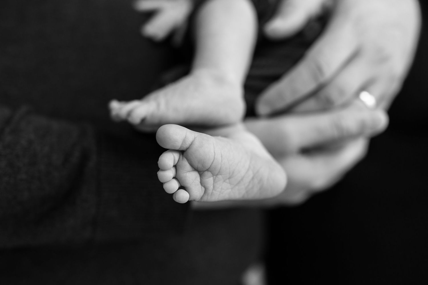 Black and white close-up of tiny newborn baby feet being held by gentle hands.