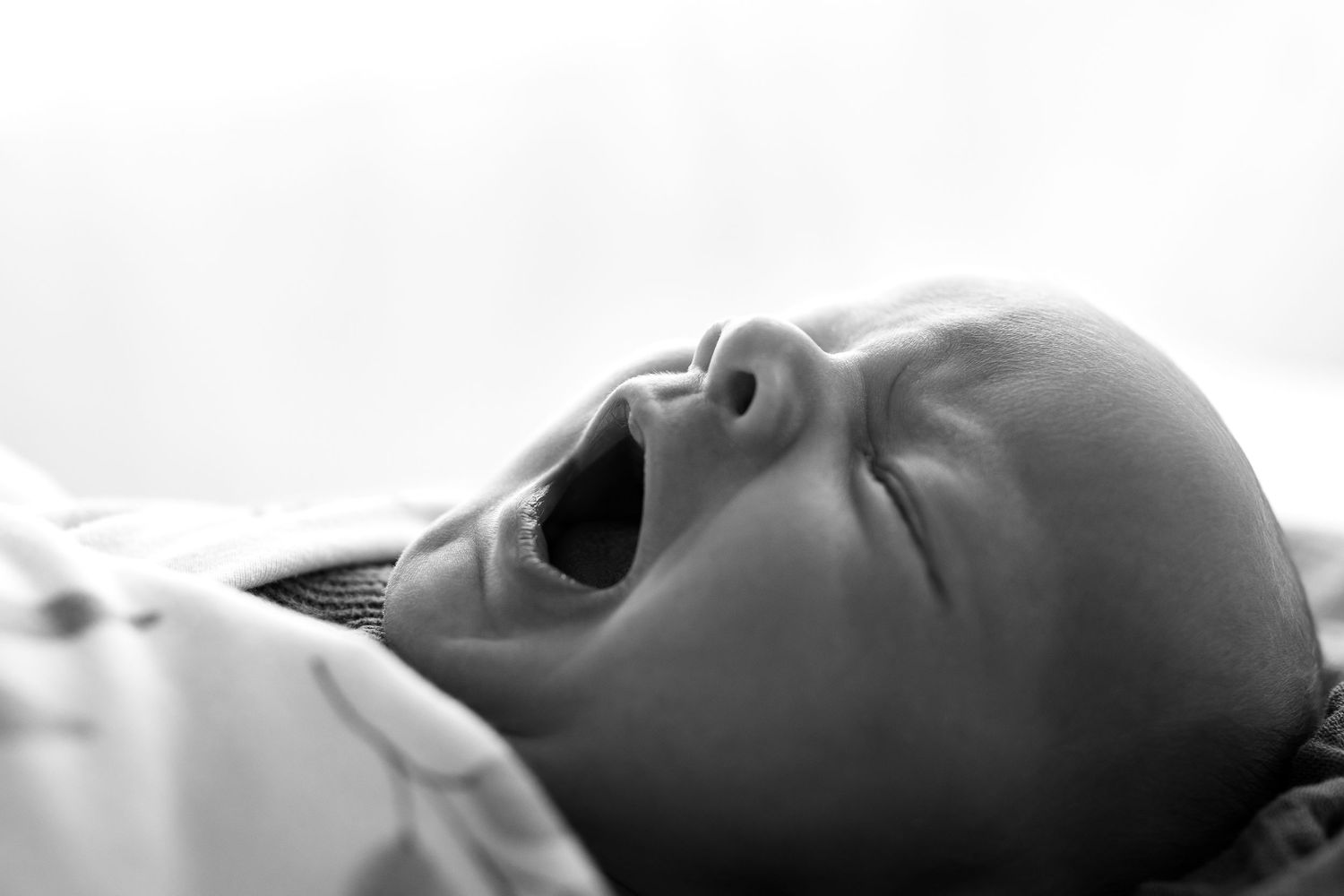 Artistic black and white profile portrait of sleeping newborn.