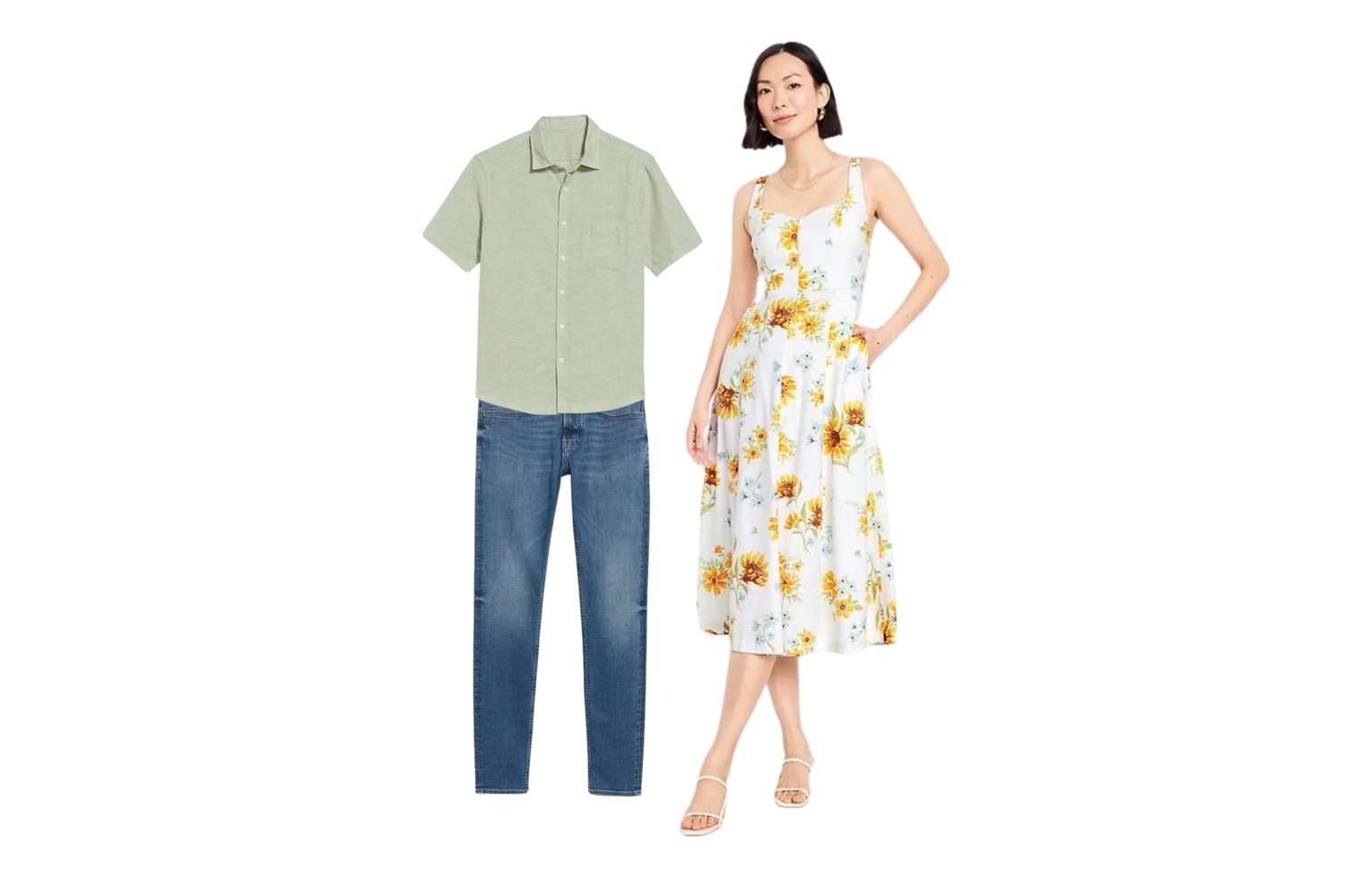 Spring fashion collection featuring floral dresses and casual separates in light colors.