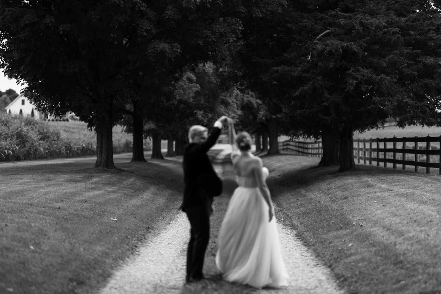 A romantic wedding couple walks down a tree-lined path in black and white.