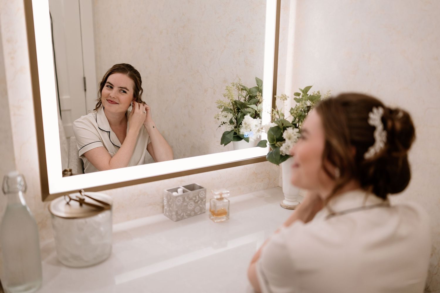 Quiet reflective moments captured during wedding morning preparations.