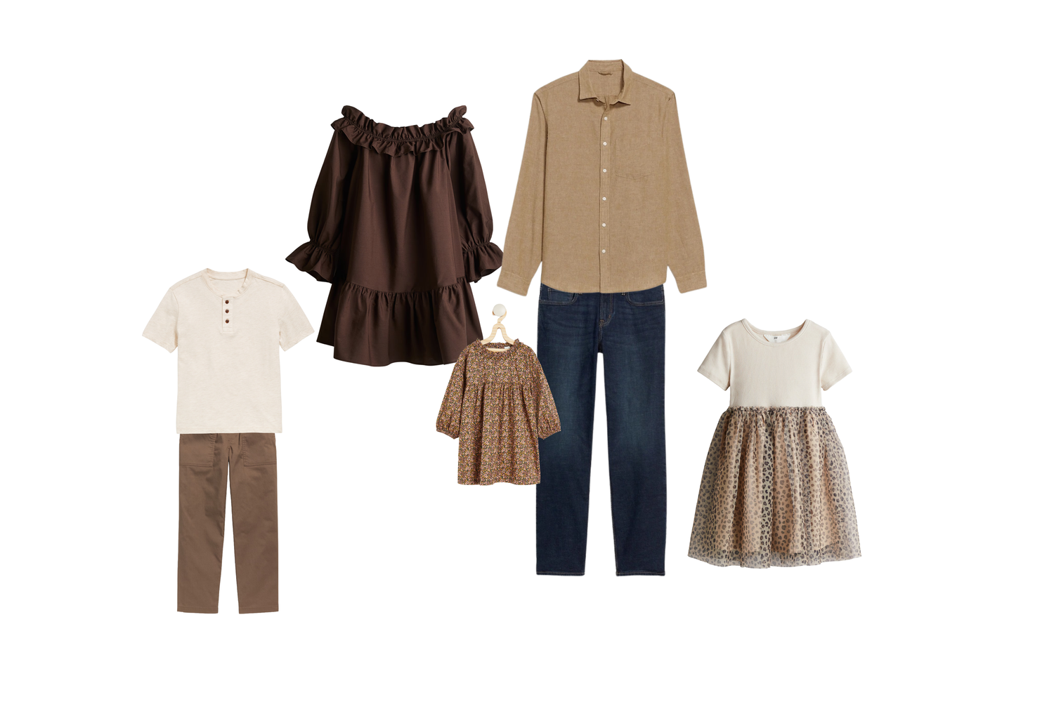 Casual wardrobe collection with brown, beige, and navy pieces arranged in a flat lay style.