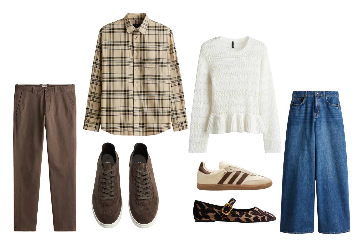 Classic wardrobe essentials including plaid shirts, white sweaters, and brown shoes arranged in rows.